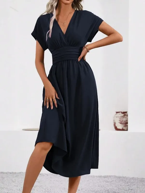 Dresses 2025 Woman Summer Solid-Color V-Neck Batwing-Sleeve Pleated Long Elegant Dress Woman Clothing Tops Skirts Y2k Clothes — image 5