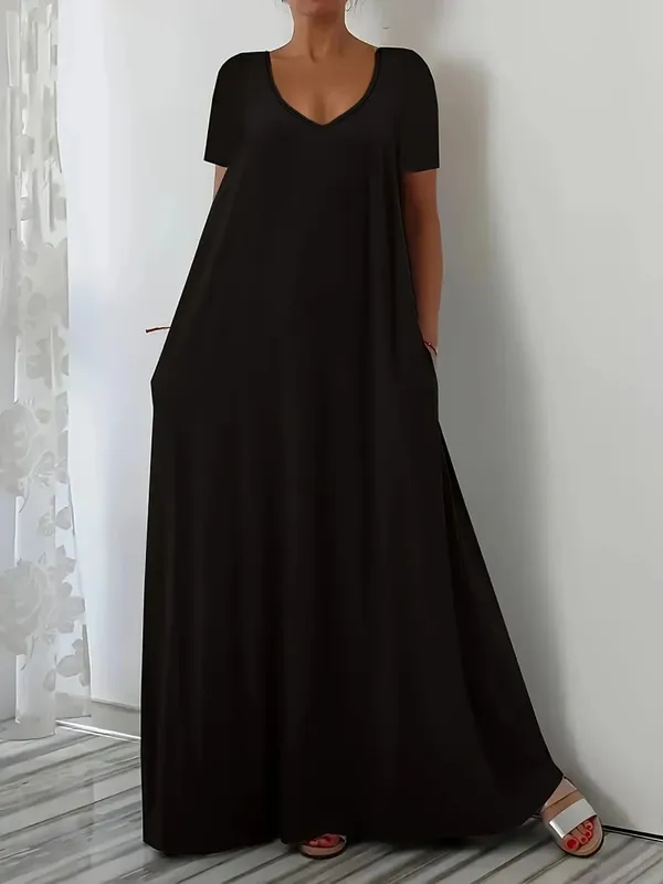 Plus size verão nova saia longa casual solto manga curta cor sólida com decote em v vestido plus size para mulher