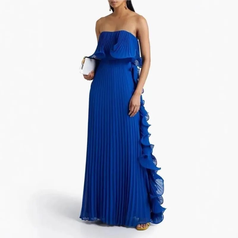 Vestido feminino da moda para férias de verão, laranja, plissado, chiffon, longo, formal, feito sob encomenda, com babados, sem alças, vestido de festa na praia — image 6