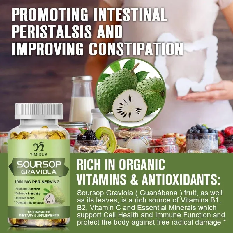 Sinusuportahan ng Soursop Graviola 1950mg Capsules ang Healthy Immune System Digestion Mas mahusay na pagtulog at Natural na Antioxidant Activity — image 6