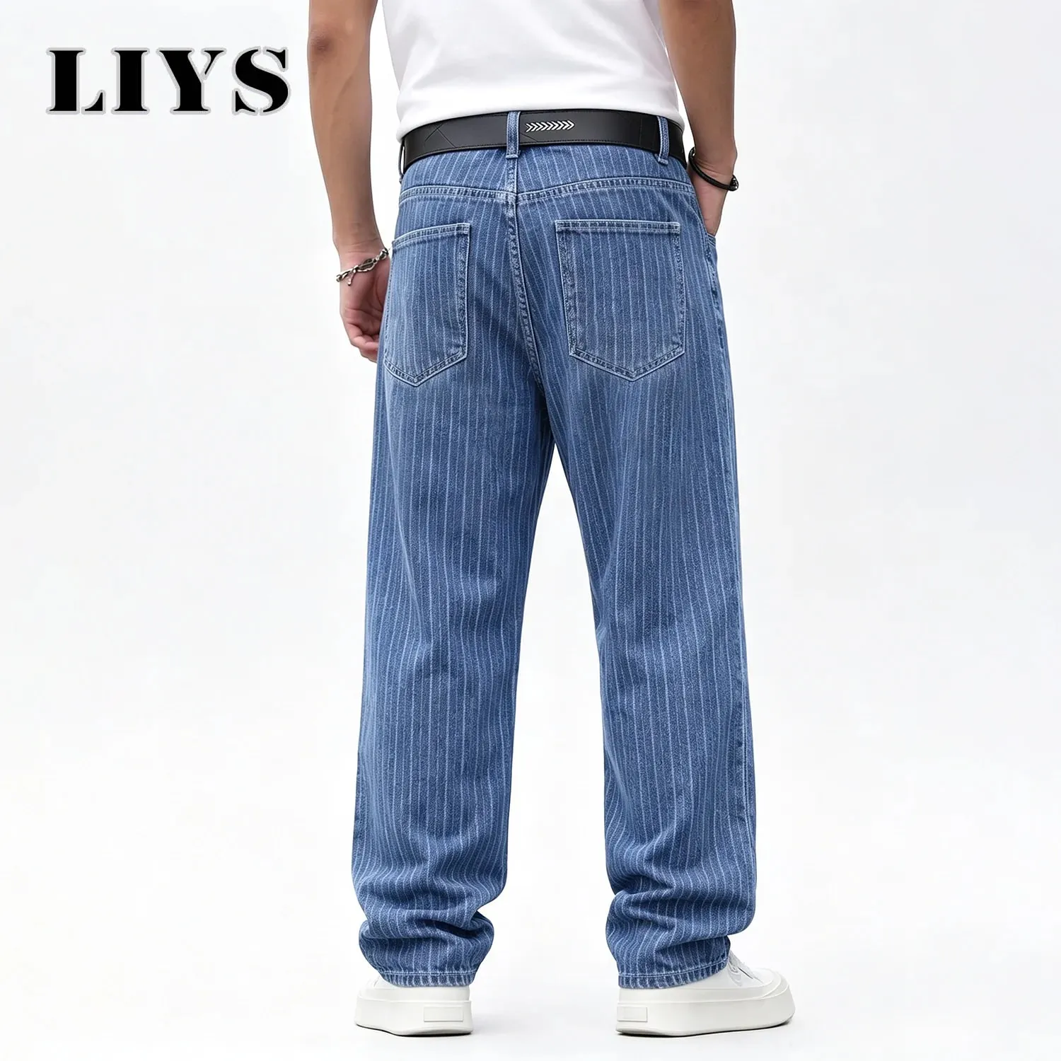 Men Vertical Thin Stripe Jacquard Baggy Denim Pants Classic Blue Loose Wide Leg Straight Leg Vintage Washed Jeans — image 2