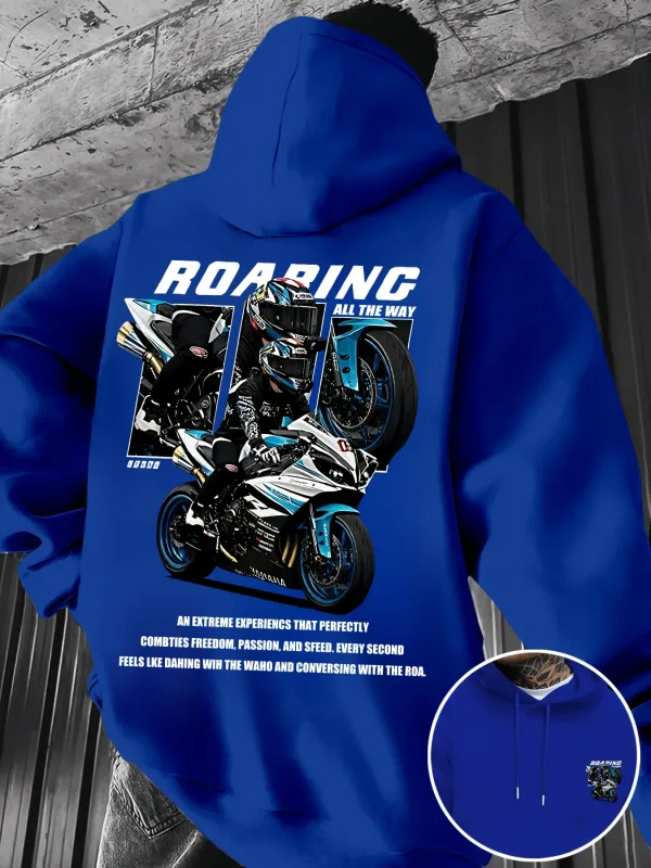 Winter and Autumn Men's Street Fashion Hooded Sweatshirt with "motorcycle" Print Pattern Fleece for Outdoor Warm Cozy Feeling — image 6