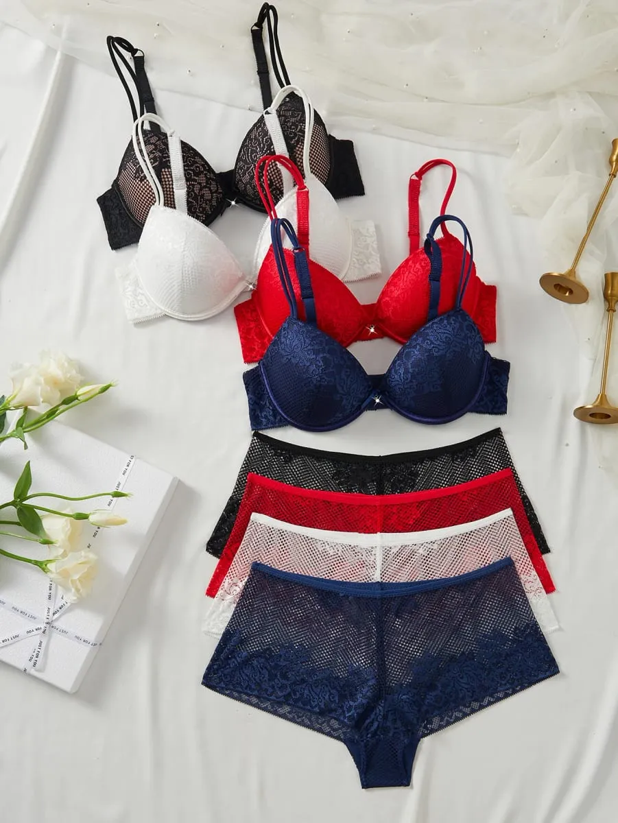 4Set Women Floral Lace Lingerie Set Underwire Push up Bra Breathable Sheer Hollow Panties Ladies Underwear Set — image 3