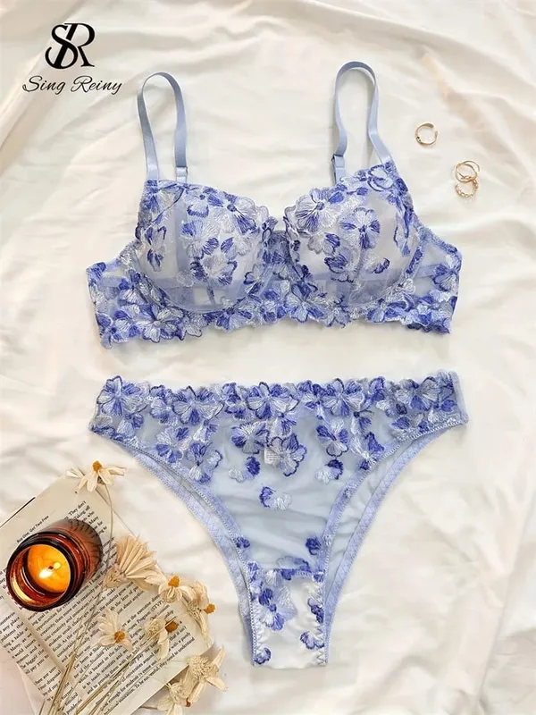 Malha pura lingerie duas peças ternos francês floral seusual conjuntos de roupa interior feminino bordado sexy sutiã e cuecas conjuntos — image 8