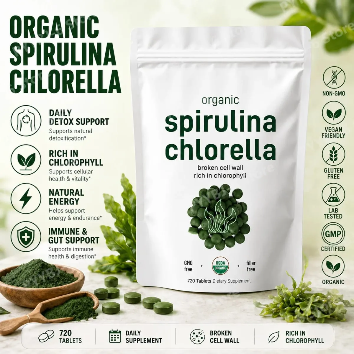 Organic Spirulina Chlorella Tablets 3000mg 720 Count Superfood Blend with Vegan Protein Energy Immunity Digestive Support — image 1