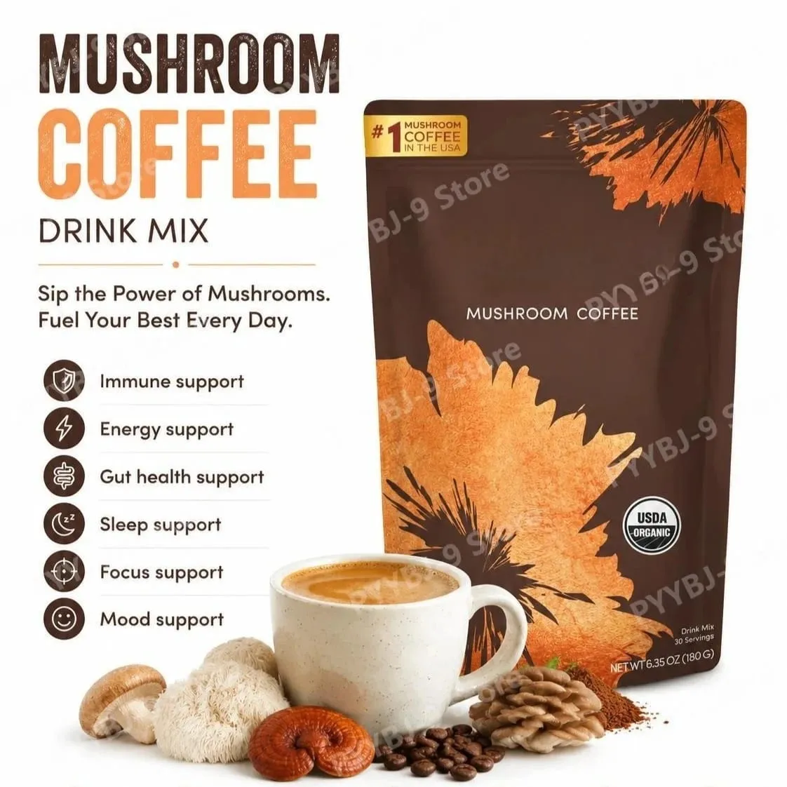 Organic Mushroom Blend Powder Lion's Mane Reishi Gut Health & Energy Support 48mg Caffeine Gluten Free Vegan 30 Servings — image 1