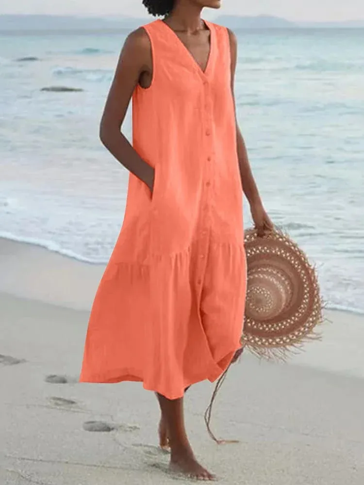 Verão solto casual retalhos algodão linho pocktes vestido com decote em v estilo praia vestido sem mangas vintage clube midi sólido vestido feminino — image 2