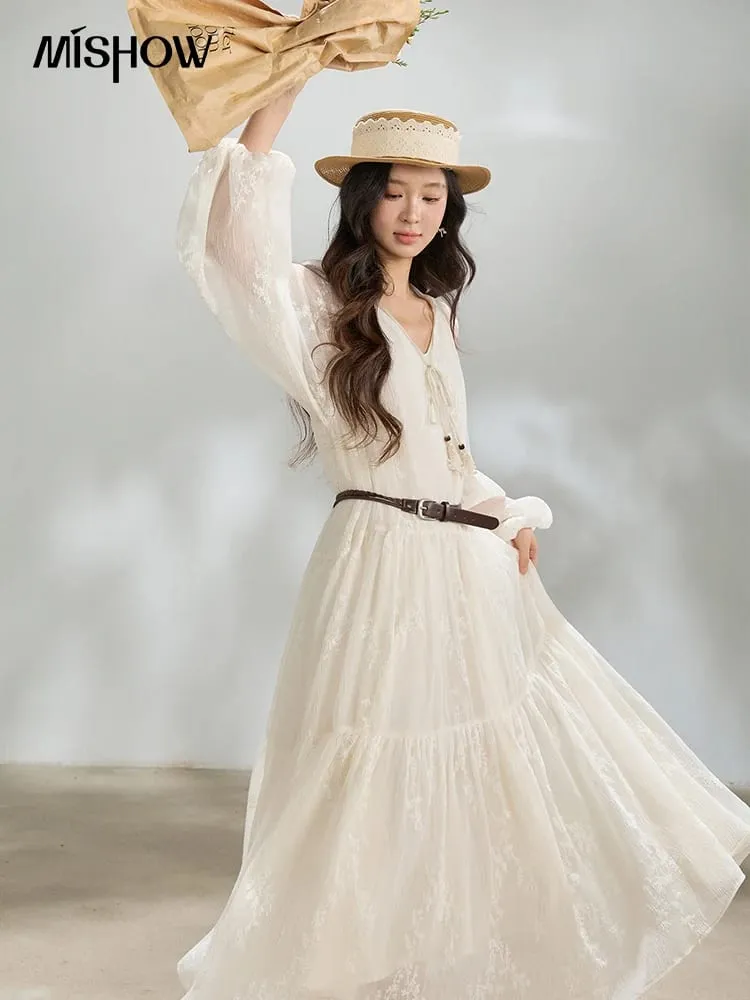 Embroidered Long Sleeve Maxi Dress with Belt 2026 Spring Tiered Ruffled V Neck Tassel Tie Solid Chiffon Dress MXF14L2562