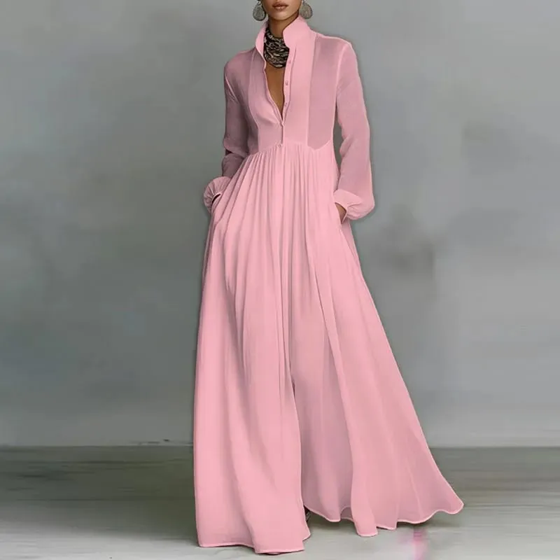 French Elegant High Waist Swing Long Dress Woman Spring Solid Pockets Pleated Maxi Dress Autumn Long Sleeve Button Evening Dress — image 8