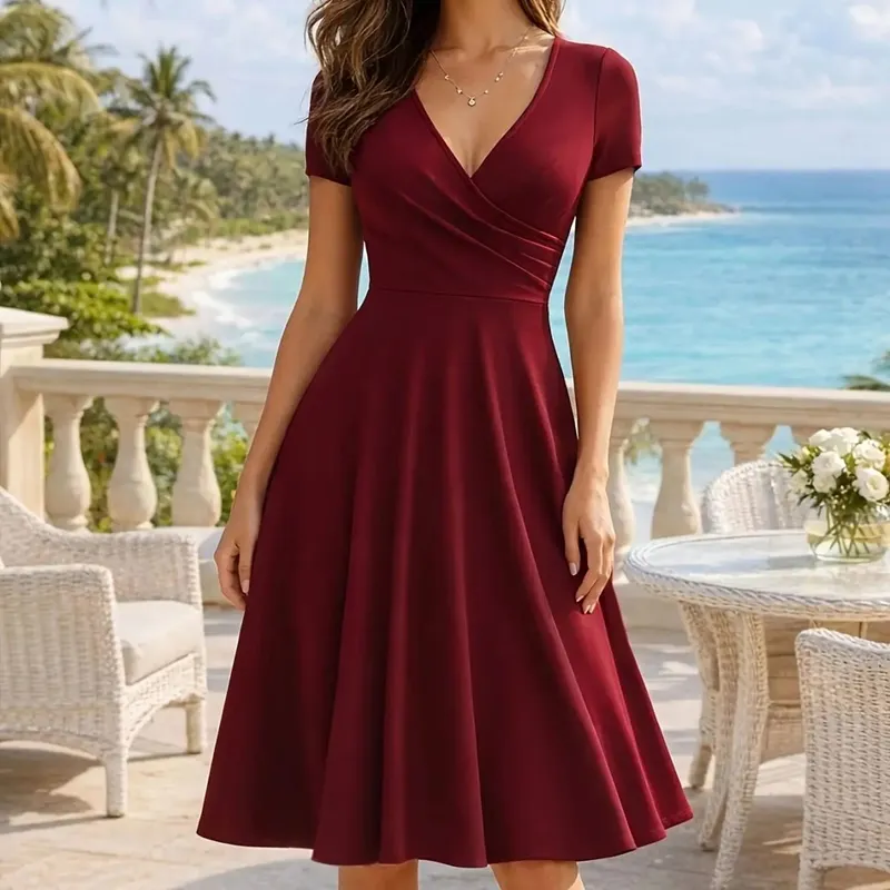 Pambabaeng Elegant Round Neck Summer Short Sleeve Solid A-Line Hanggang Tuhod na Dress High Waist Swagger Party na Kaswal na Pag-alis ng Kasal — image 11