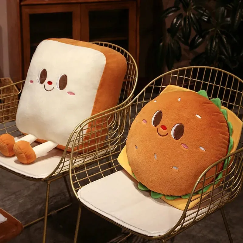 Cute Food Plush Throw Pillow Stuffed Toast Hamburger Cushion Smiling Face Happy Plushie Sofa Home Decor Gift — image 5