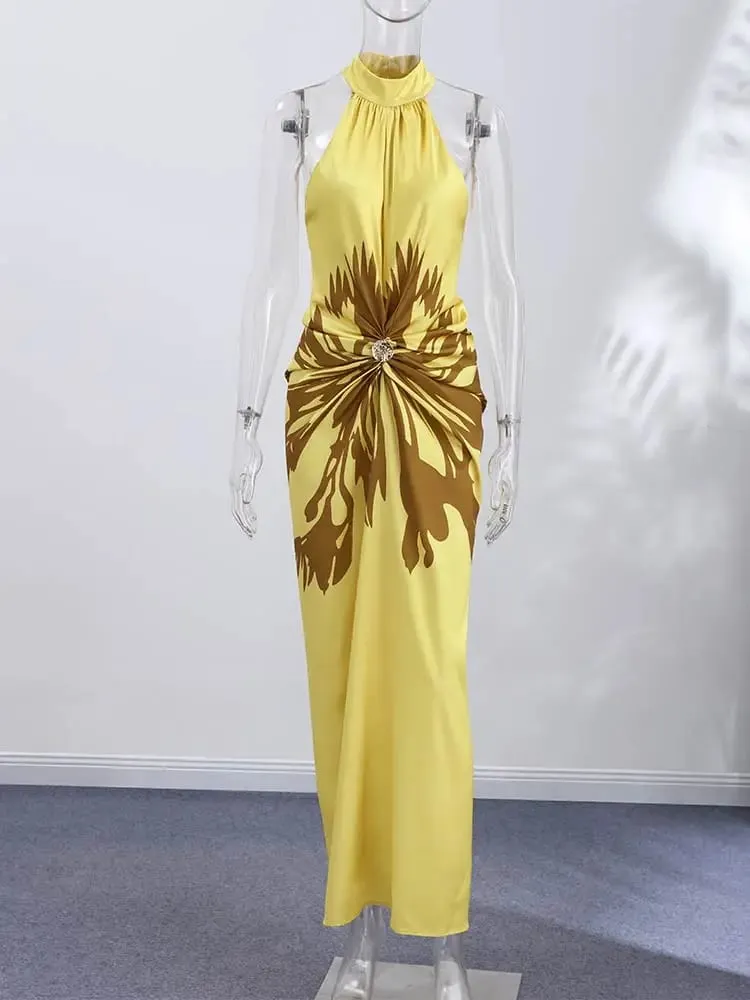 2026 Summer Printed Halter Maxi Dress Women Sleeveless Pleated Chic Satin Long Dresses Fashion Vacation Beach Party Lady Robe — image 4