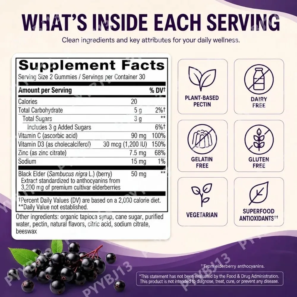 Black Elderberry Gummies 60pcs for Immune Support Sambucus Extract Zinc Vitamin C D3 for Adults Kids 2 Capsules Per Day — image 3