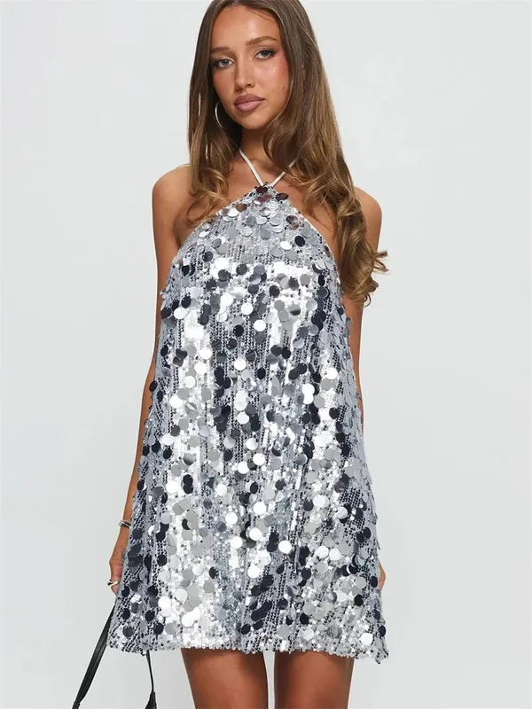 Women Halter Dress Sparkly Sequin Mini Dresses Clubwear Party Date Outfits Sexy Bodycon Dress Sexy Sleeveless Backless Dress — image 11