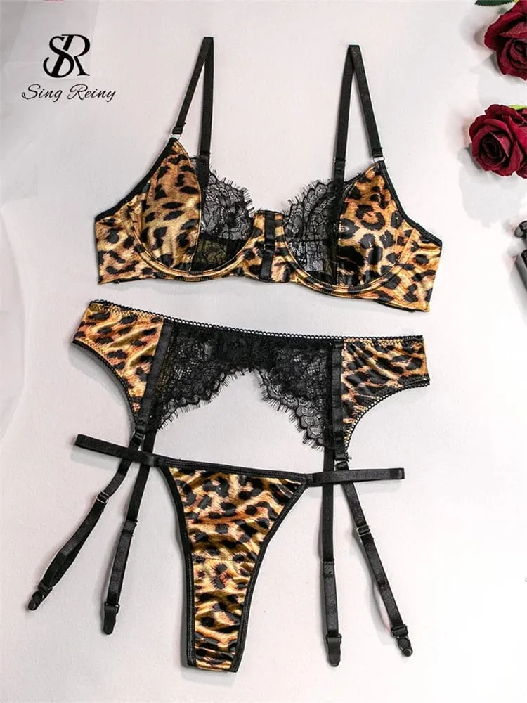 Leopardo renda emendado sensual sutiã e cuecas ternos porno sem alças espartilho terno lingerie feminino clube bainha conjuntos de roupa interior — image 2