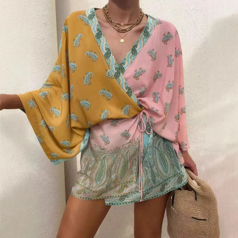 Bohemian Color Block Paisley Print Kimono Wrap Mini Dress Women V Neck 3/4 Sleeve Beach Cover Up Casual Short Dresses Summer 202