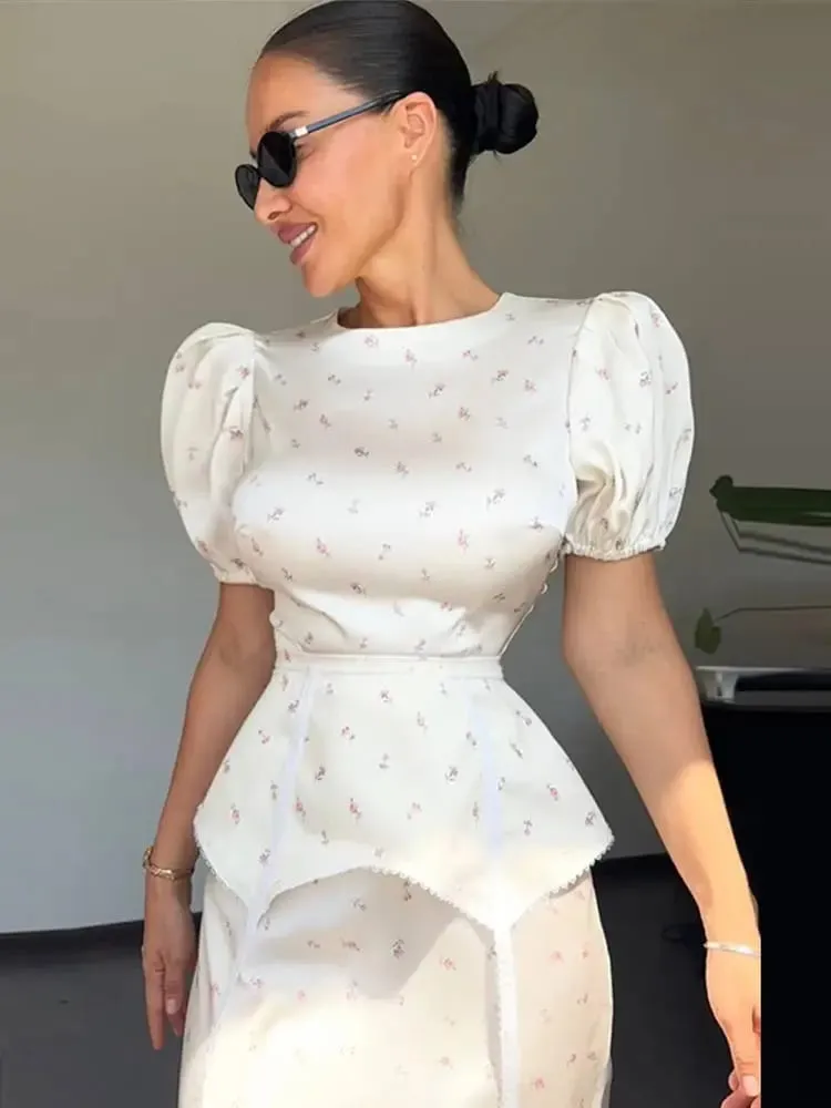 Women's White Floral Print Puff Sleeve Dress With Waistband Fashion Satin Ruffled Hem Maxi Dress Lady 2026 Elegant Party Robes — image 2