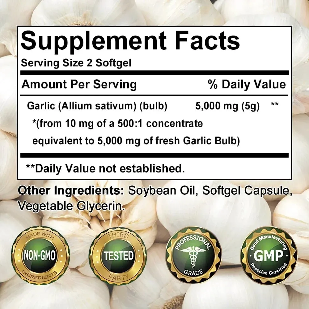 Cápsulas gelatinosas de óleo de alho 5000 mg, circulação cardiovascular imunológica, coração, sem sabor, não transgênico, suplemento sem glúten — image 6