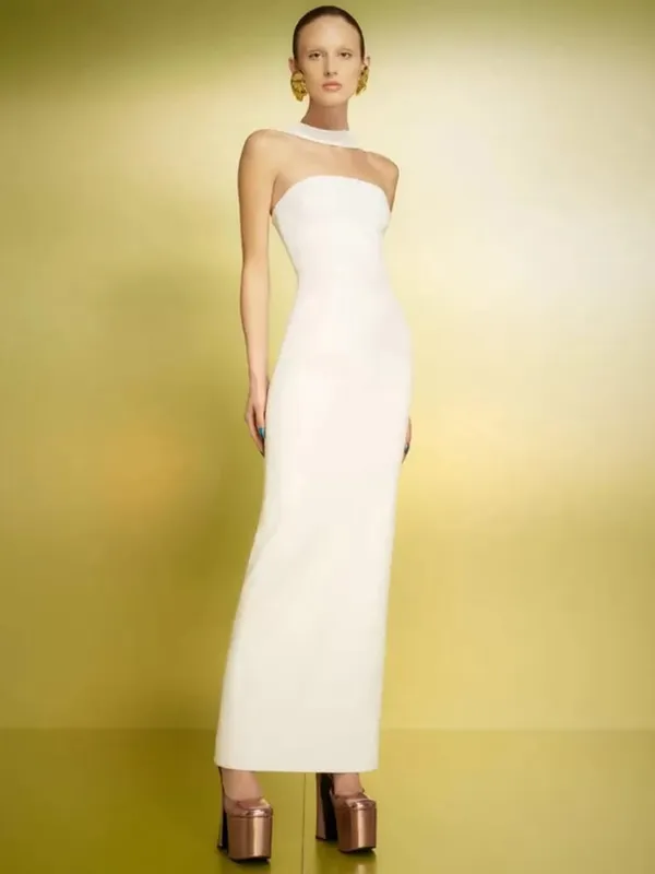 Mulheres celebridade sexy sem costas halter vermelho branco maxi longo verão bandagem bodycon vestido 2025 elegante noite clube festa outfit — image 5