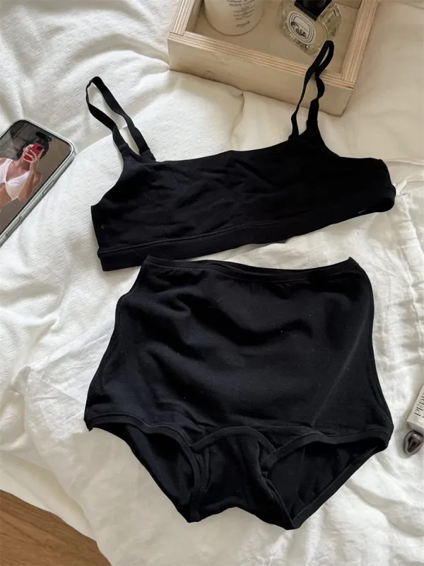 Solid Cotton Sport Set Woman Adjusted-strap Seamless Bras+Low Waist Boxer Briefs Casual Simple High Elasticity Lingerie Sets — image 7