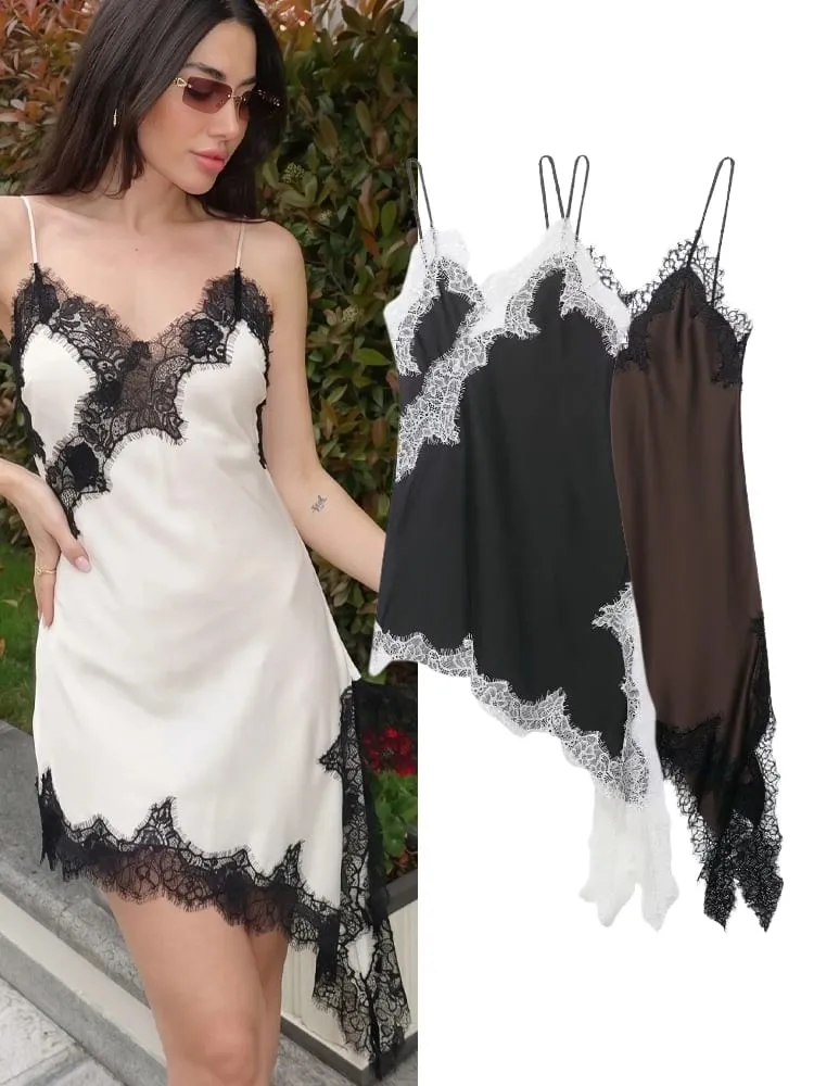 HH Women Elegant Asymmetry Hem Solid Dress Sleeveless Backless V Neck Fashion Dresses Female Sexy Lace splicing Mini Beach Dress