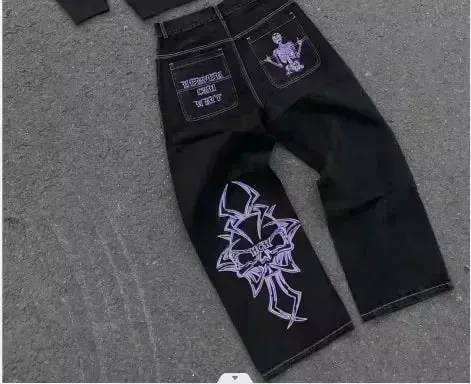 Gothic Japanese Retro Washed Anime Jeans Y2K Clothes Mens Anime Cartoon Character Pattern Baggy Jeans Mid Rise Wide Leg Trousers — image 6
