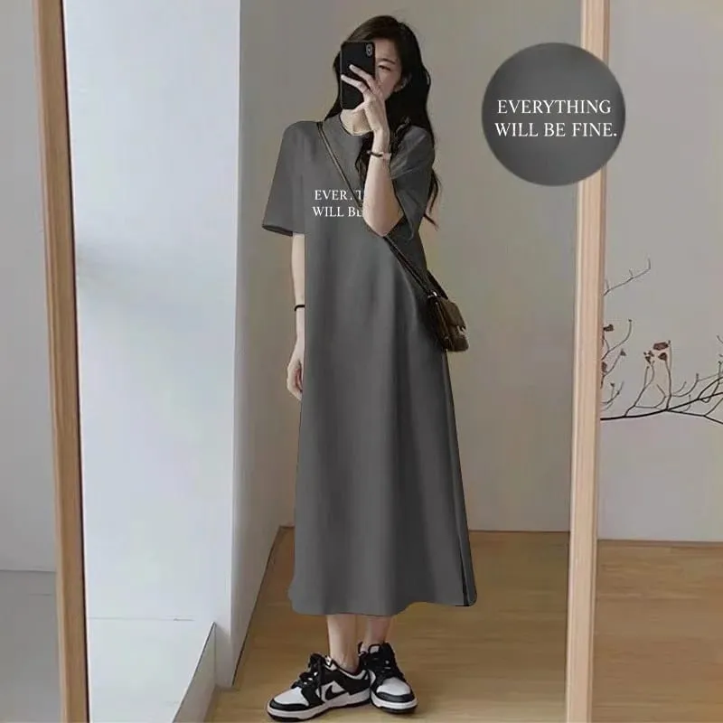 Korean Loose T‑Shirt Maxi Dress Women Letter Printed Round Neck Short Sleeve Side Split Casual Summer Dress — image 6