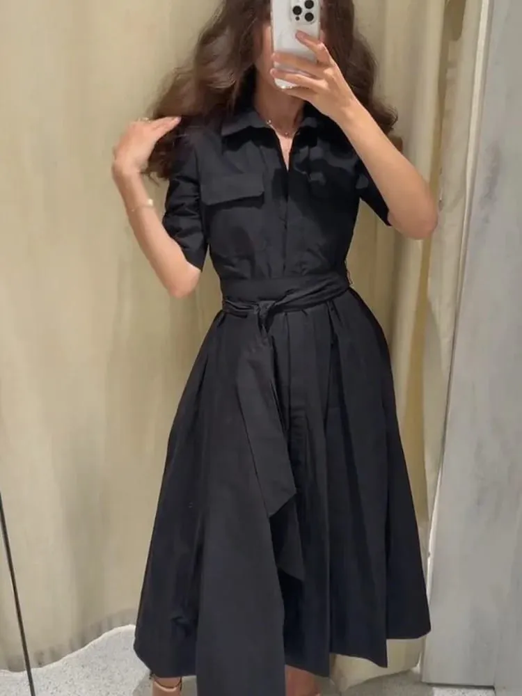 Elegant Maikling Manggas Lapel Midi Dress Para sa Babae Chic Solid Single Breasted Waist Long Dress Lady Holiday Evening Party Vestidos — image 3