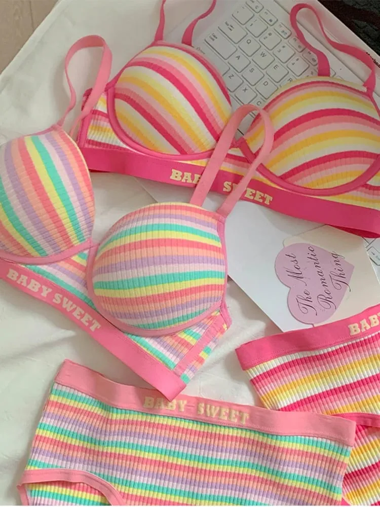 Stripe Women's Bra Set Gathered Anti-Sagging Small Chest Side Breast Reduction Underwear Cute Style Nylon — image 3