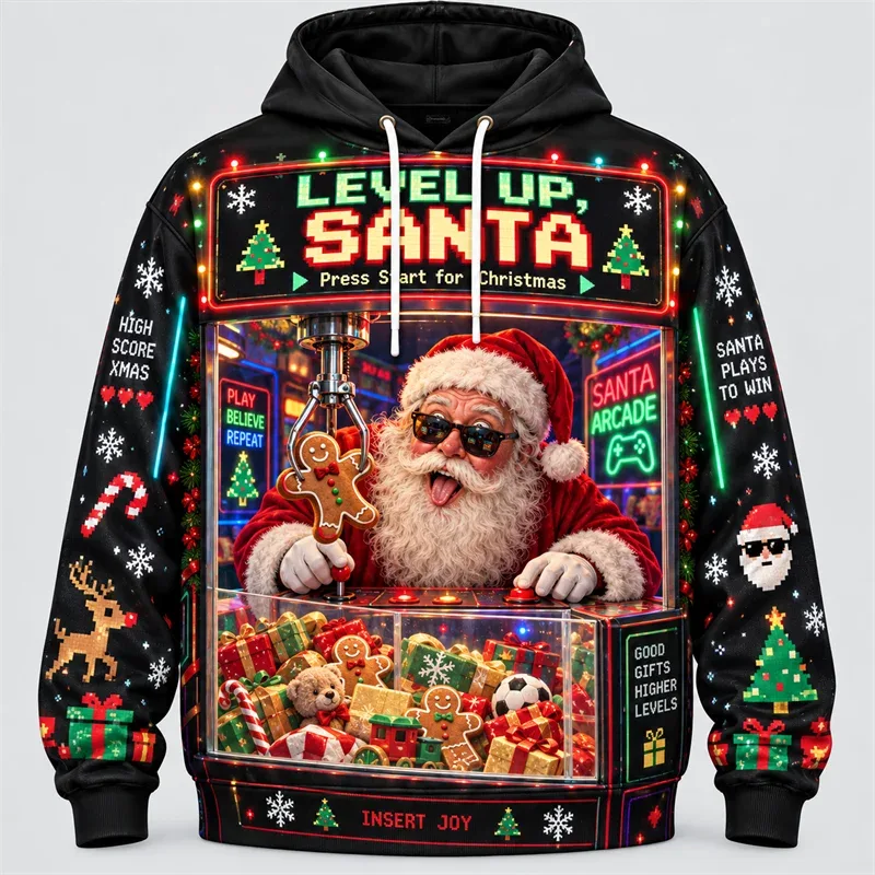 Funny Santa Christmas Hoodie 3D Print Karaoke Sleigh Repair Laundry Snack Holiday Party Pullover Winter Streetwear Gift — image 3