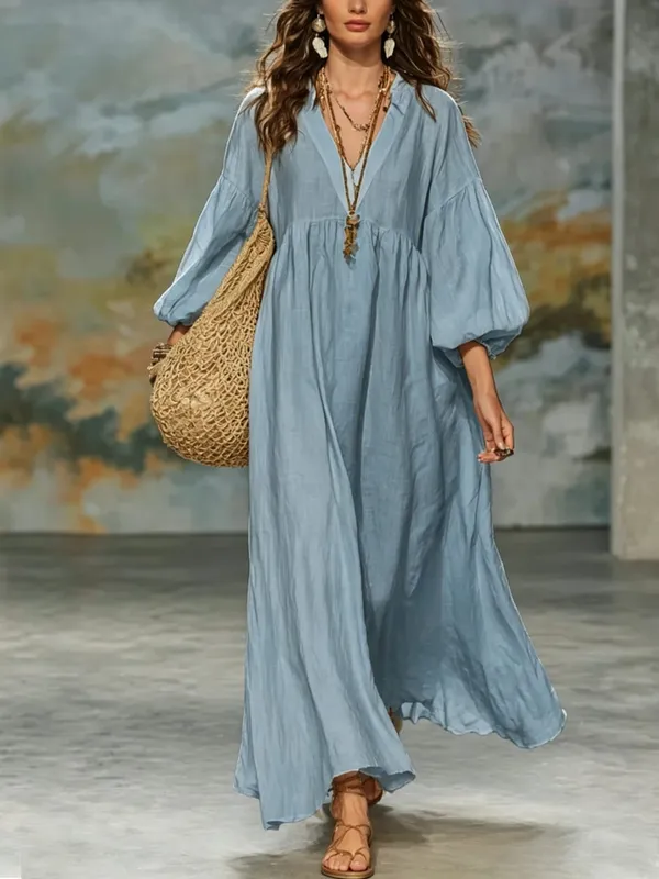 Women Bohemian Linen Maxi Dress V Neck Puff 3/4 Sleeve Loose Flowy Long Dress Casual Beach Vacation Sundress — image 2