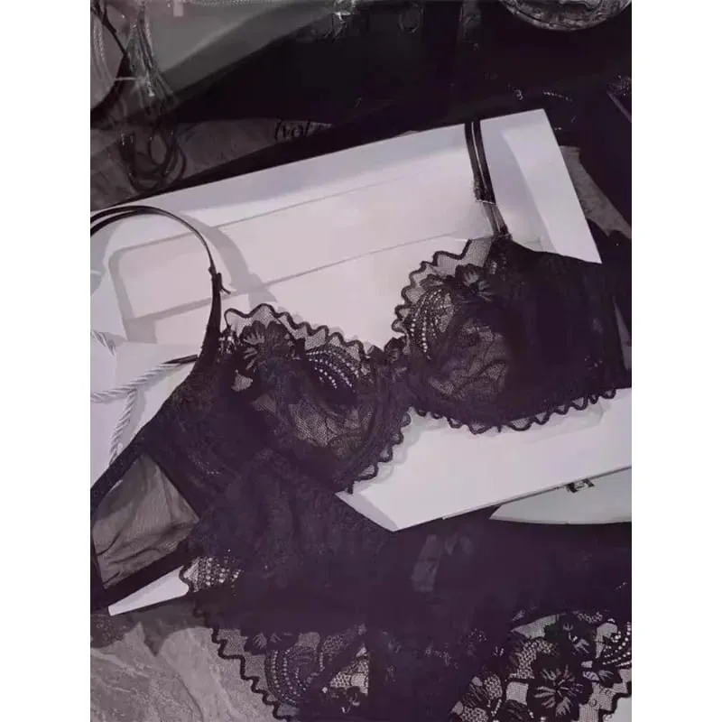 Chic French Ultra-thin Lace Lingerie Set Large Breasts See-through Underwire Bra small Bust Lift Elegant Soft Feminine Set S-xl — image 3
