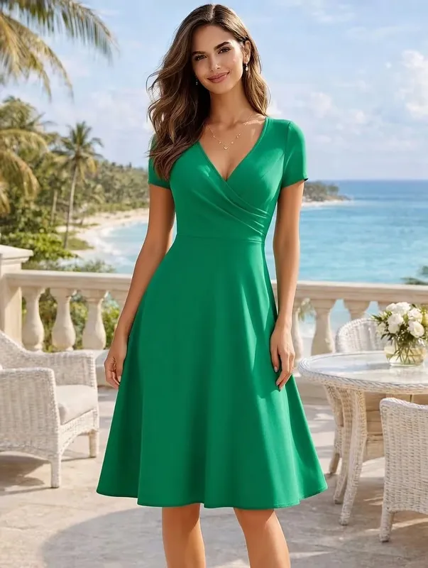 Pambabaeng Elegant Round Neck Summer Short Sleeve Solid A-Line Hanggang Tuhod na Dress High Waist Swagger Party na Kaswal na Pag-alis ng Kasal — image 7