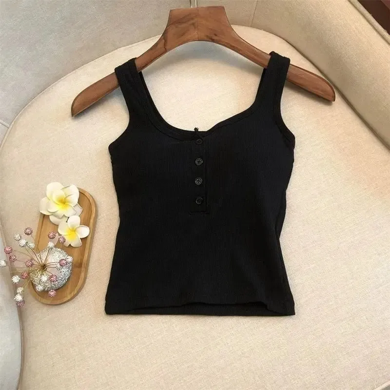 1Pcs Women's Ribbed Henley Tank Top Square Neck Button Front Built-in Bra Sleeveless Camisole