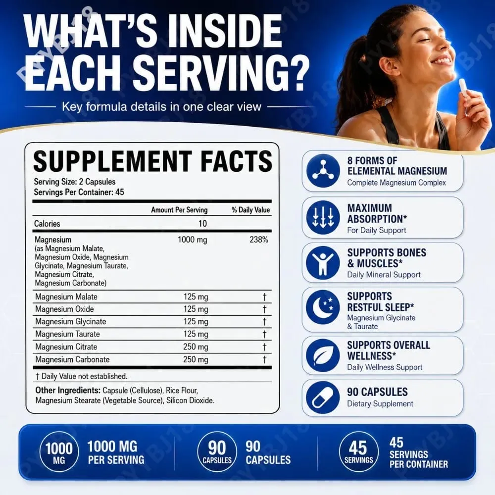 Magnesium Complex Capsules with 8 Forms of Magnesium Mineral Supplement for Bone & Muscle Support & Restful Sleep 90 Capsules — image 3