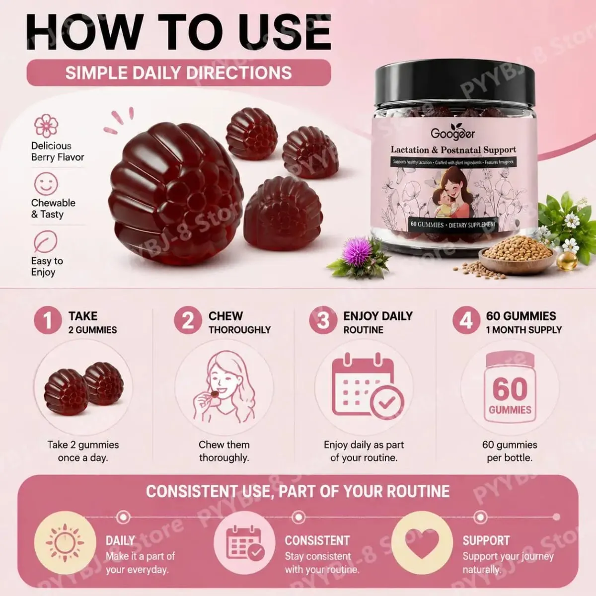 Googeer Lactation Support Gummies with DHA and Choline Fenugreek and Fennel Extract Moringa for Postnatal Nutrition 60 Gummies — image 7