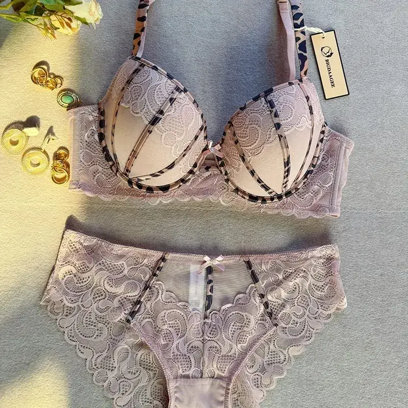 Sexiga kvinnor Push Up BH Europa 3/4 kopp Spets Blommor Broderi Underkläder Set Leopard Bandage Justerbar rem BHar Plus Size BCDE — image 4