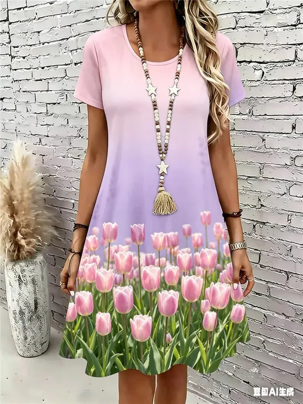 Short Sleeve Floral Pattern Women Mini Dresses Summer 3D Flower Printed Ladies Street Dress 3XL Plus Size Loose Casual Dress — image 1
