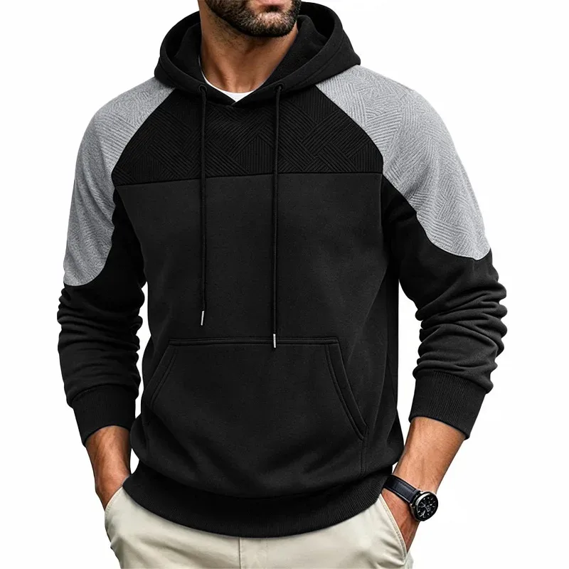 Men Patchwork Color Block Pullover Hoodie Drawstring Kangaroo Pocket Long Sleeve Loose Sweatshirt Autumn Winter Streetwear Tops