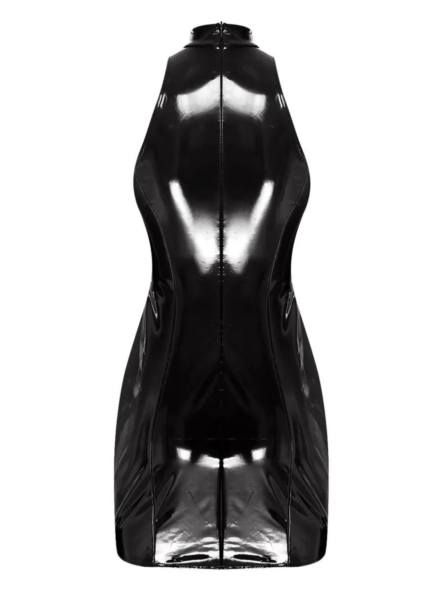 Minivestido feminino de couro pu com aparência molhada, gola simulada, sem mangas, sutiã push-up, bodycon, vestido tubo, roupa de balada para festas raves — image 5