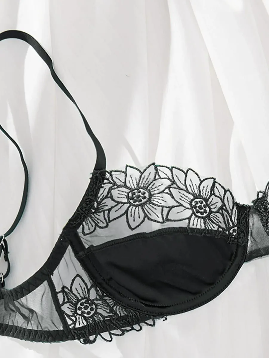 Hot-Selling 2-Piece Floral Embroidery Sexy Bra Set - Sunflower Embroidered Underwired Semi-Sheer Lingerie Set Ideal for Dates — image 4