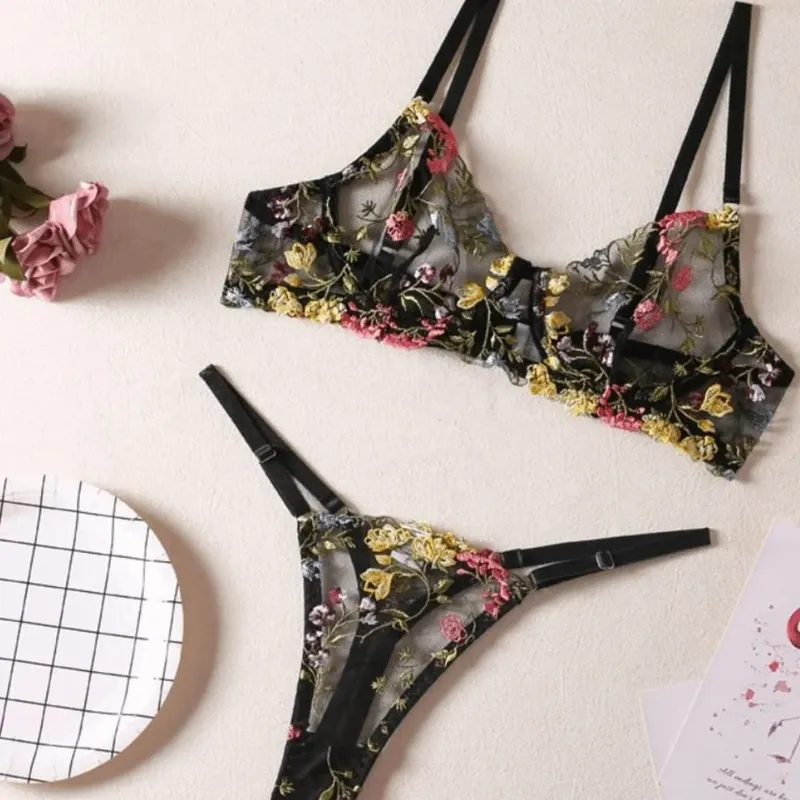 2-Piece Sexy Floral Lingerie Set Embroidery Sheer Women Underwear Wireless Bra