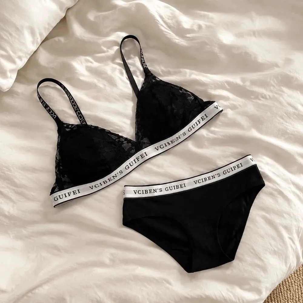 Comfortable Letter Design Lingerie Set Deep V Lace Women Underwear Suit Wireless Color Blocking Bra Panties Set Gift — image 2