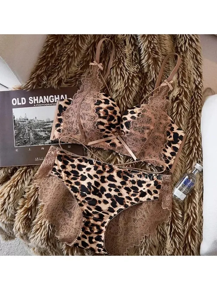 Women Leopard Lace Lingerie Set 32‑38AB Wireless Push‑Up Bra Side Breast Support Anti‑Sag Sexy Pure Desire Underwear — image 5