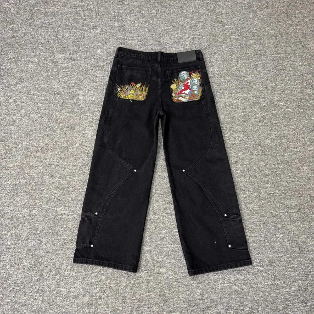 Streetwear Floral Embroidery Washed Baggy Jeans Pants for Men and Women Straight Casual Loose Denim Trousers Oversized — image 3