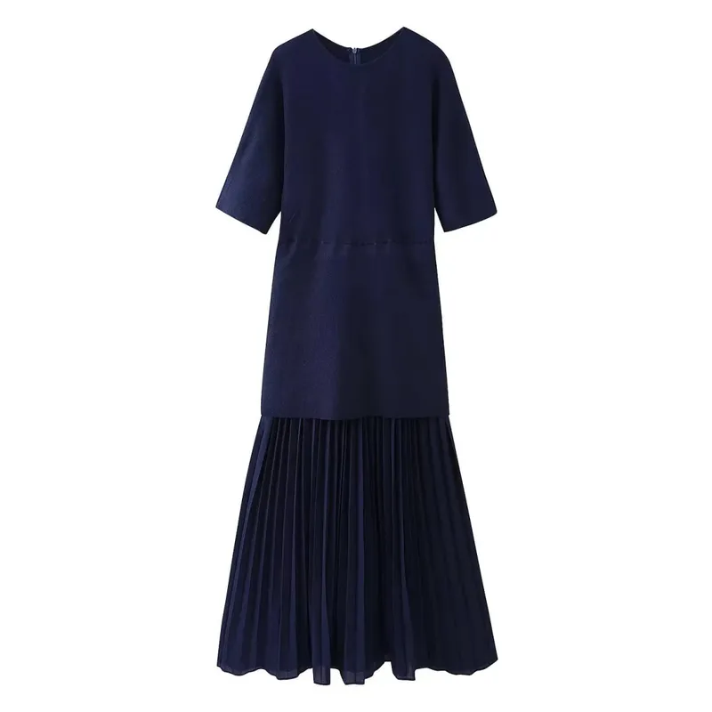 HH Mulheres Elegantes Meia Mangas Gola O Vestido Plissado Primavera Mulher Zíper Traseiro Emenda Vintage Casual Malha Vestido Longo — image 11
