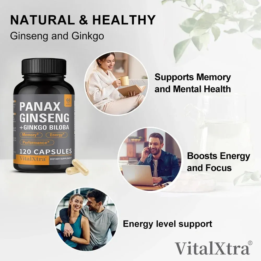 Panax Ginseng + Ginkgo Biloba 120 Vegan Capsules Supports Heart Health and Muscle Function Athletic Performance — image 4