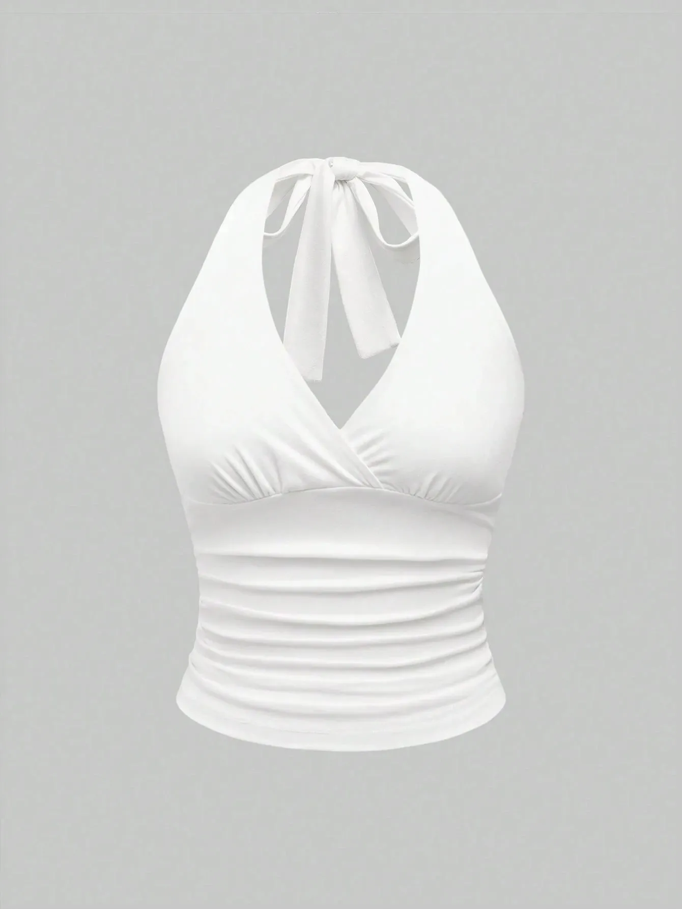 Top corto liso con cuello en V y espalda descubierta para mujer, Top corto con cuello Halter, Sexy Y2K, sin mangas, parte de arriba ropa informal fruncida — image 11