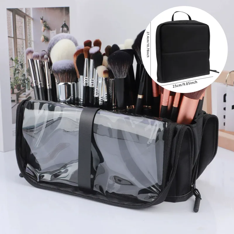 Large Black Foldable Makeup Bag 14-40 Hole Storage Organizer for Beauty Brushes Cosmetic Pouch with Handles