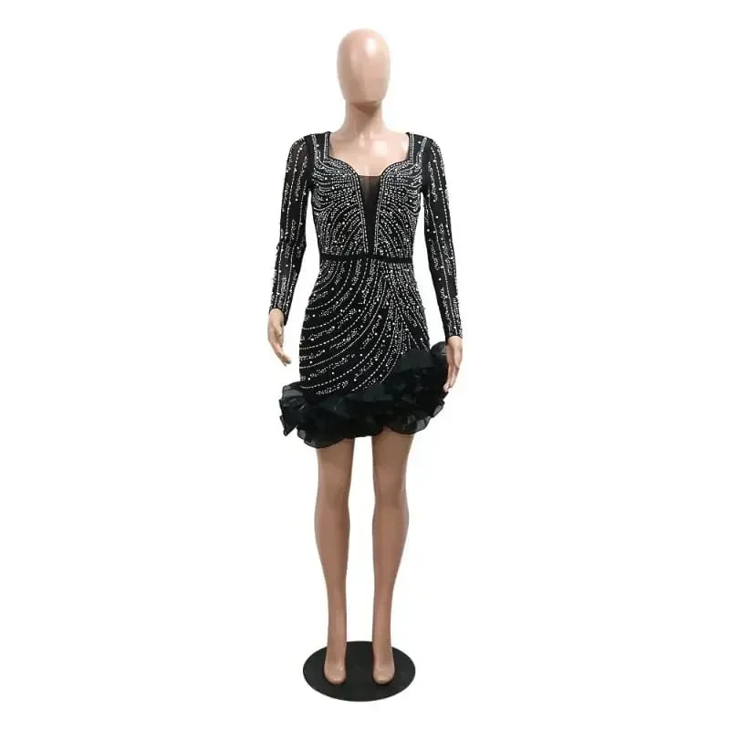 2025 Party Dresses Beading Diamond Long Sleeves Ruffles para sa mga kababaihan Makintab Elegant Wedding Guest Gown Okasyon Ipagdiwang ang Kaarawan — image 7